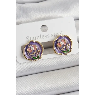 BUĞZ Pirinç Mor Mineli Çiçek Figürlü Sanatsal Portre Model Gold Renk Kadın Küpe