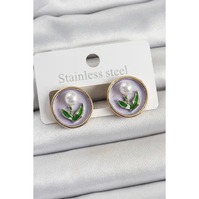 BUĞZ Pirinç Mor Mineli Lale Figürlü Sanatsal Portre Model Gold Renk Kadın Küpe