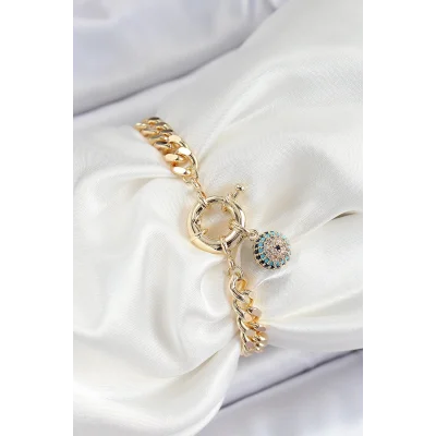 BUĞZ Pirinç Nazar Model Zirkon Taşlı Gold Renk VİP Seri Kadın Bileklik