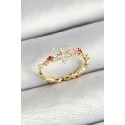 BUĞZ Pirinç Papatya Figürlü Zirkon Taşlı Gold Renk Ayarlanabilir Kadın Yüzük