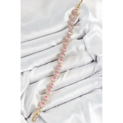 BUĞZ Pirinç Pembe Zirkon Taşlı Daire Baget Model Gold Renk VIP Seri Kadın Bileklik - Lisinya