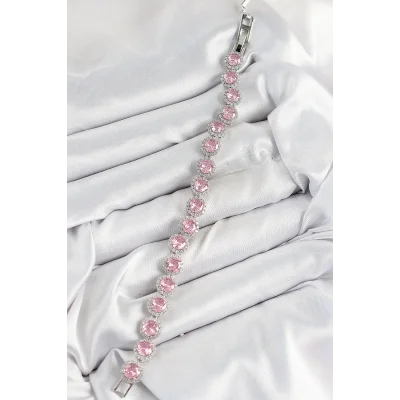 BUĞZ Pirinç Pembe Zirkon Taşlı Daire Baget Model Gümüş Renk VIP Seri Kadın Bileklik - Lisinya