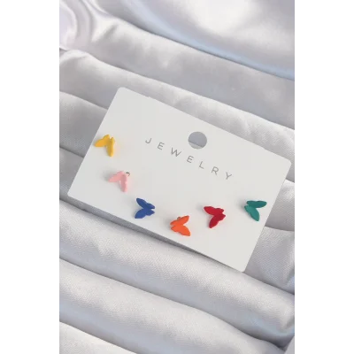 BUĞZ Pirinç Rengarenk Mineli Minimal Kelebek Küpe Seti