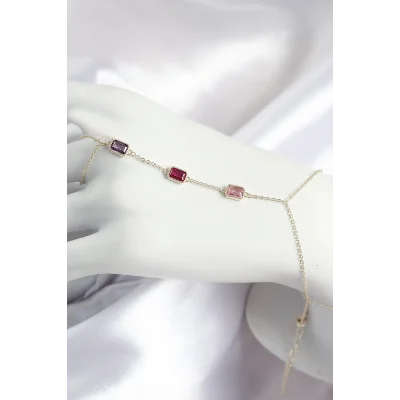 BUĞZ Pirinç Renkli Zirkon Taşlı Dikdörtgen Model Gold Renk Kadın Şahmeran