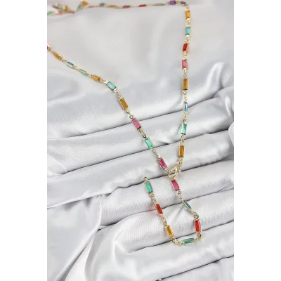 BUĞZ Pirinç Renkli Zirkon Taşlı Dikdörtgen Model Gold Renk Kadın Y Kolye - Lisinya