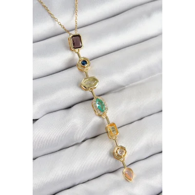 BUĞZ Pirinç Renkli Zirkon Taşlı Model Gold Renk 7 Element Kadın Y Kolye