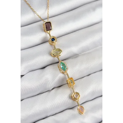BUĞZ Pirinç Renkli Zirkon Taşlı Model Gold Renk 7 Element Kadın Y Kolye - Lisinya