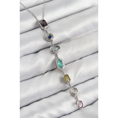 BUĞZ Pirinç Renkli Zirkon Taşlı Model Gümüş Renk 7 Element Kadın Y Kolye