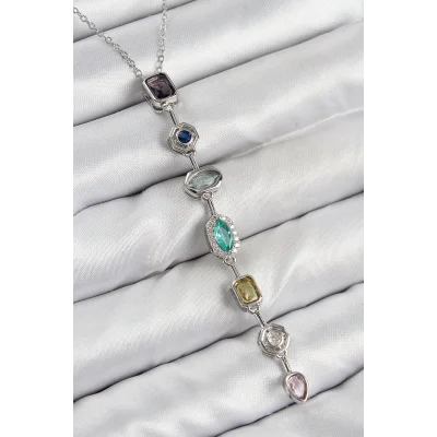 BUĞZ Pirinç Renkli Zirkon Taşlı Model Gümüş Renk 7 Element Kadın Y Kolye - Lisinya