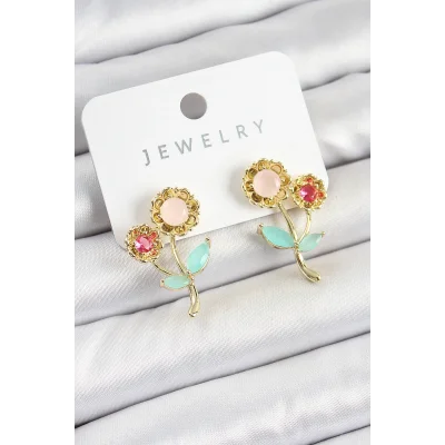 BUĞZ Pirinç Renkli Zirkon Taşlı Papatya Model Gold Renk Kadın Küpe