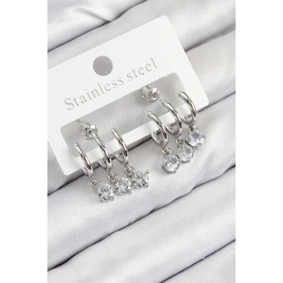 BUĞZ Pirinç Sallantılı Zirkon Taşlı Model Gümüş Renk Kadın Küpe