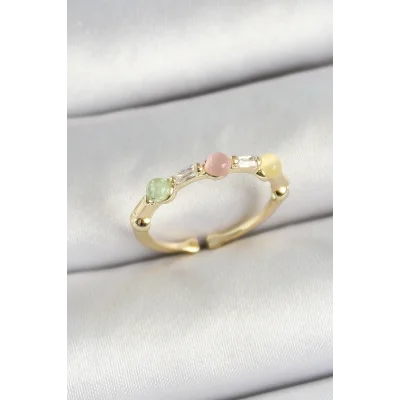 BUĞZ Pirinç Sıralı Boncuk Figürlü Zirkon Taşlı Gold Renk Ayarlanabilir Kadın Yüzük