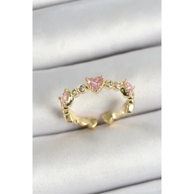 BUĞZ Pirinç Sıralı Kalp Figürlü Zirkon Taşlı Gold Renk Ayarlanabilir Kadın Yüzük