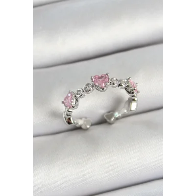 BUĞZ Pirinç Sıralı Kalp Figürlü Zirkon Taşlı Gümüş Renk Ayarlanabilir Kadın Yüzük