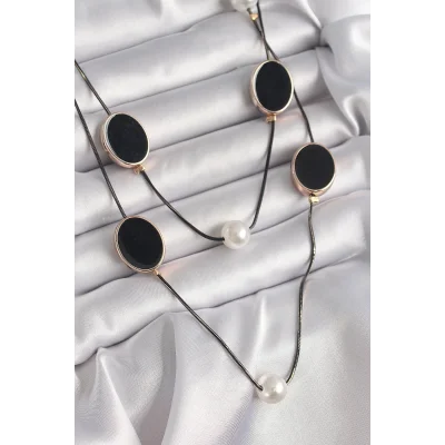 BUĞZ Pirinç Siyah Renk Zincir İnci Detaylı Çoklu Kadın Kolye