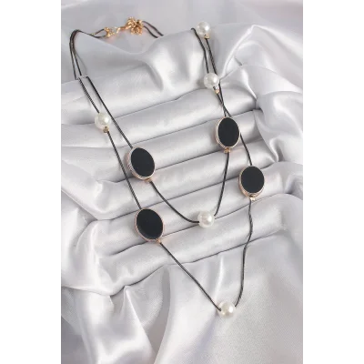 BUĞZ Pirinç Siyah Renk Zincir İnci Detaylı Çoklu Kadın Kolye - Lisinya