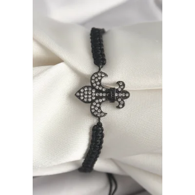 BUĞZ Pirinç Siyah Renk Zirkon Taşlı Zambak Figür Asansörlü Makrome Model Kadın Bileklik