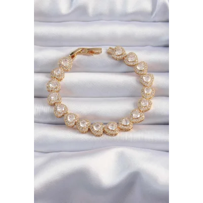 BUĞZ Pirinç Vip Seri Gold Renk Zirkon Taşlı Kalp Model Bileklik