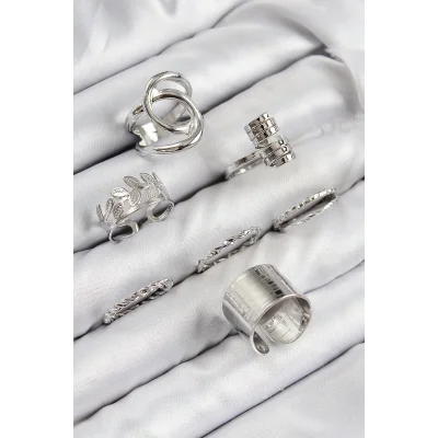 BUĞZ Pirinç Yaprak Model Gümüş Renk Kadın Yüzük Kombin Set