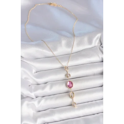 BUĞZ Pirinç Zincir Gold Renk Pembe Zirkon Taşlı Y Kolye - BUĞZ