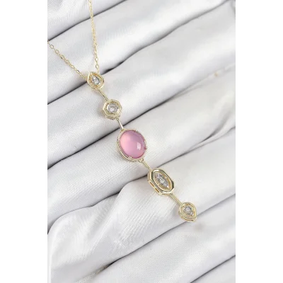 BUĞZ Pirinç Zincir Pembe Gold Renk Zirkon Taşlı Y Kolye