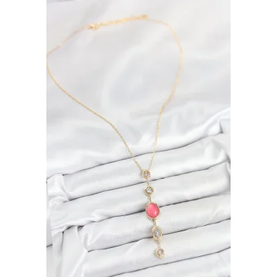 BUĞZ Pirinç Zincir Pembe Gold Renk Zirkon Taşlı Y Kolye - Lisinya