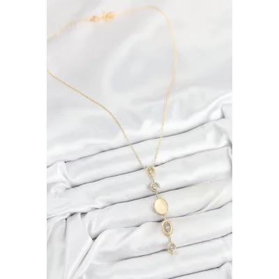 BUĞZ Pirinç Zincir Sarı Gold Renk Zirkon Taşlı Y Kolye - Lisinya