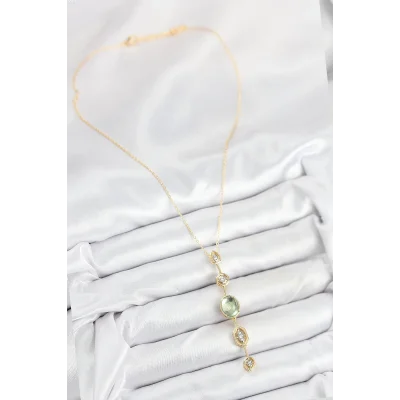 BUĞZ Pirinç Zincir Yeşil Gold Renk Zirkon Taşlı Y Kolye - Lisinya