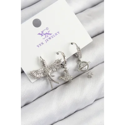 BUĞZ Pirinç Zirkon Taşlı 3lü Kuş Model Gümüş Renk Kadın Küpe