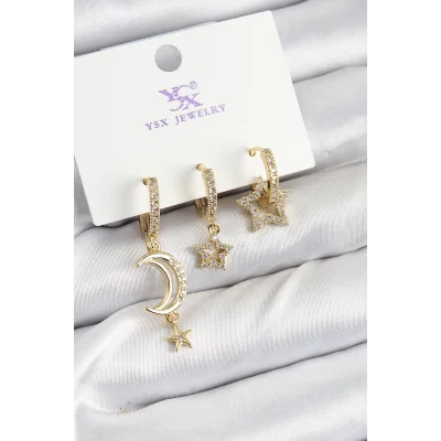 BUĞZ Pirinç Zİrkon Taşlı Ay Ve Hilal Model Gold Renk 3lü Kadın Küpe