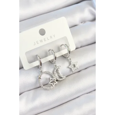 BUĞZ Pirinç Zirkon Taşlı Ay Ve Yıldız Model Gümüş Renk 3lü Çift Kadın Küpe Set