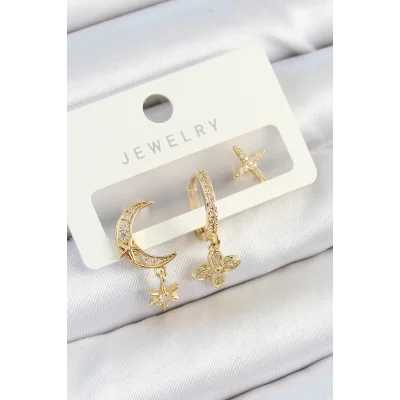 BUĞZ Pirinç Zirkon Taşlı Çiçek Ve Ay Model Gold Renk 3lü Çift Kadın Küpe Set
