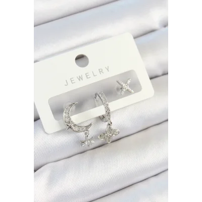 BUĞZ Pirinç Zirkon Taşlı Çiçek Ve Ay Model Gümüş Renk 3lü Çift Kadın Küpe Set