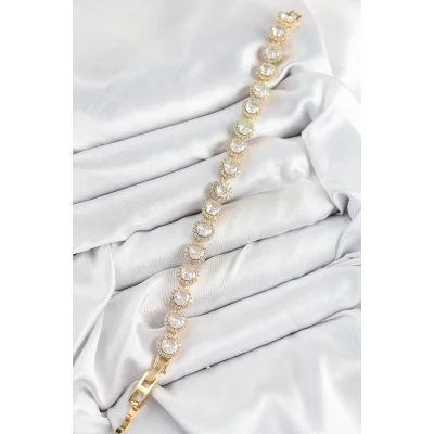 BUĞZ Pirinç Zirkon Taşlı Daire Baget Model Gold Renk VIP Seri Kadın Bileklik - Lisinya