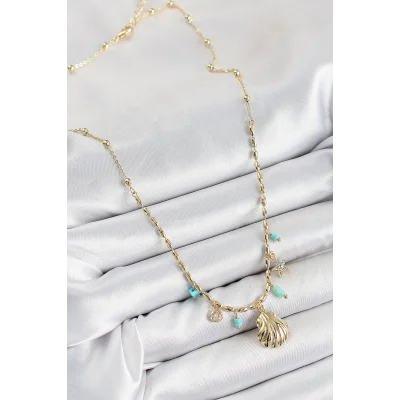 BUĞZ Pirinç Zirkon Taşlı Deniz Kabuğu Model Gold Renk Kadın Kolye - Lisinya