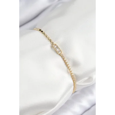 BUĞZ Pirinç Zirkon Taşlı Dikdörtgen Model Ezme Zincir Gold Renk Kadın Bileklik