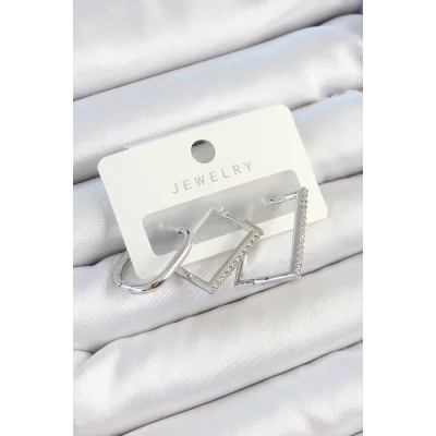 BUĞZ Pirinç Zirkon Taşlı Dikdörtgen Model Gümüş Renk 3lü Çift Kadın Küpe Set