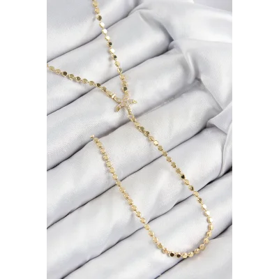 BUĞZ Pirinç Zirkon Taşlı Ezme Zincirli Deniz Yıldızı Model Gold Renk Y Kolye