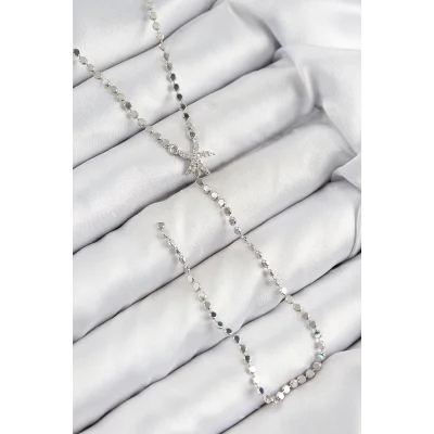 BUĞZ Pirinç Zirkon Taşlı Ezme Zincirli Deniz Yıldızı Model Gümüş Renk Y Kolye