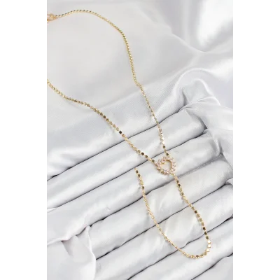 BUĞZ Pirinç Zirkon Taşlı Ezme Zincirli Kalp Model Gold Renk Y Kolye - Lisinya