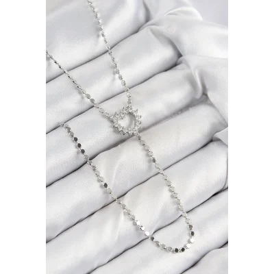 BUĞZ Pirinç Zirkon Taşlı Ezme Zincirli Kalp Model Gümüş Renk Y Kolye