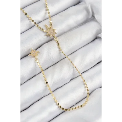 BUĞZ Pirinç Zirkon Taşlı Ezme Zincirli Kutup Yıldızı Model Gold Renk Y Kolye