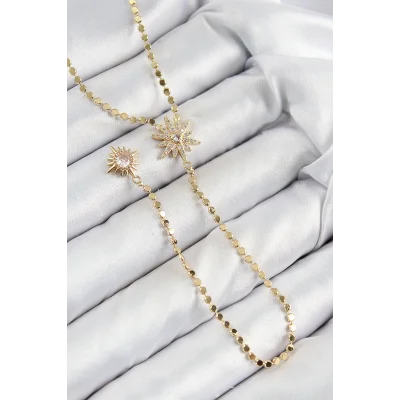 BUĞZ Pirinç Zirkon Taşlı Ezme Zincirli Kutup Yıldızı Model Gold Renk Y Kolye