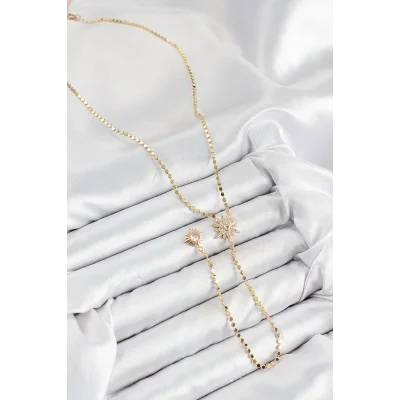 BUĞZ Pirinç Zirkon Taşlı Ezme Zincirli Kutup Yıldızı Model Gold Renk Y Kolye - Lisinya