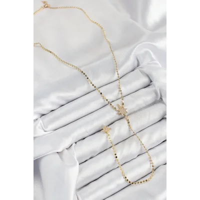 BUĞZ Pirinç Zirkon Taşlı Ezme Zincirli Kutup Yıldızı Model Gold Renk Y Kolye - Lisinya