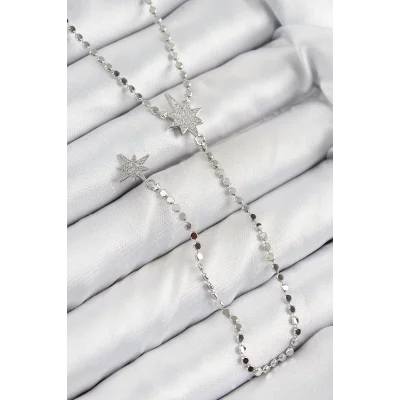 BUĞZ Pirinç Zirkon Taşlı Ezme Zincirli Kutup Yıldızı Model Gümüş Renk Y Kolye