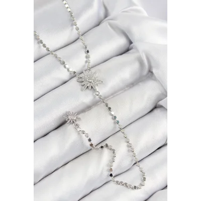 BUĞZ Pirinç Zirkon Taşlı Ezme Zincirli Kutup Yıldızı Model Gümüş Renk Y Kolye