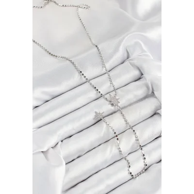 BUĞZ Pirinç Zirkon Taşlı Ezme Zincirli Kutup Yıldızı Model Gümüş Renk Y Kolye - Lisinya