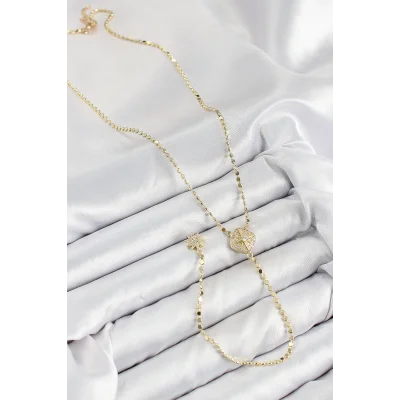 BUĞZ Pirinç Zirkon Taşlı Ezme Zincirli Madalyon Model Gold Renk Y Kolye - Lisinya