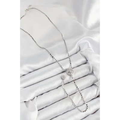 BUĞZ Pirinç Zirkon Taşlı Ezme Zincirli Madalyon Model Gümüş Renk Y Kolye - Lisinya